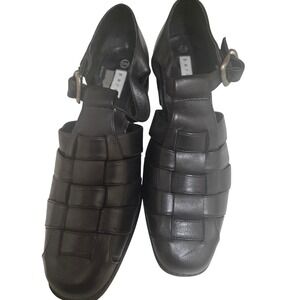 Vintage 90s Partners Black Leather‎ Fisherman Square Block Heel Ankle Strap 9M